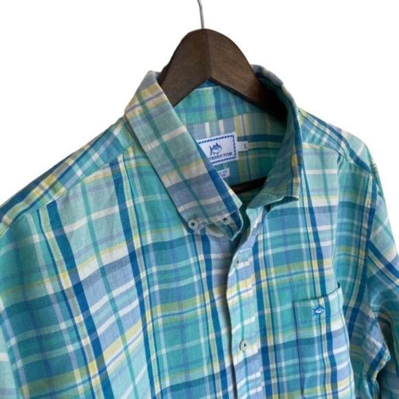 Southern Tide Blue and Green Plaid Button Down Linen Shirt - Large - Picture 2 of 5